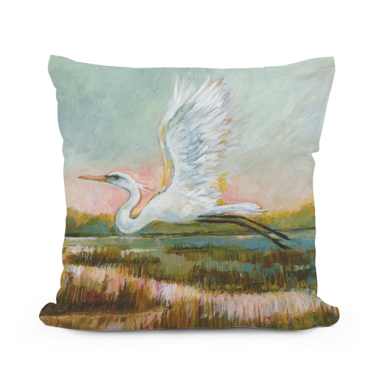 Pillow - Egret Flying Serene - indoor / outdoor cushion: 18x18