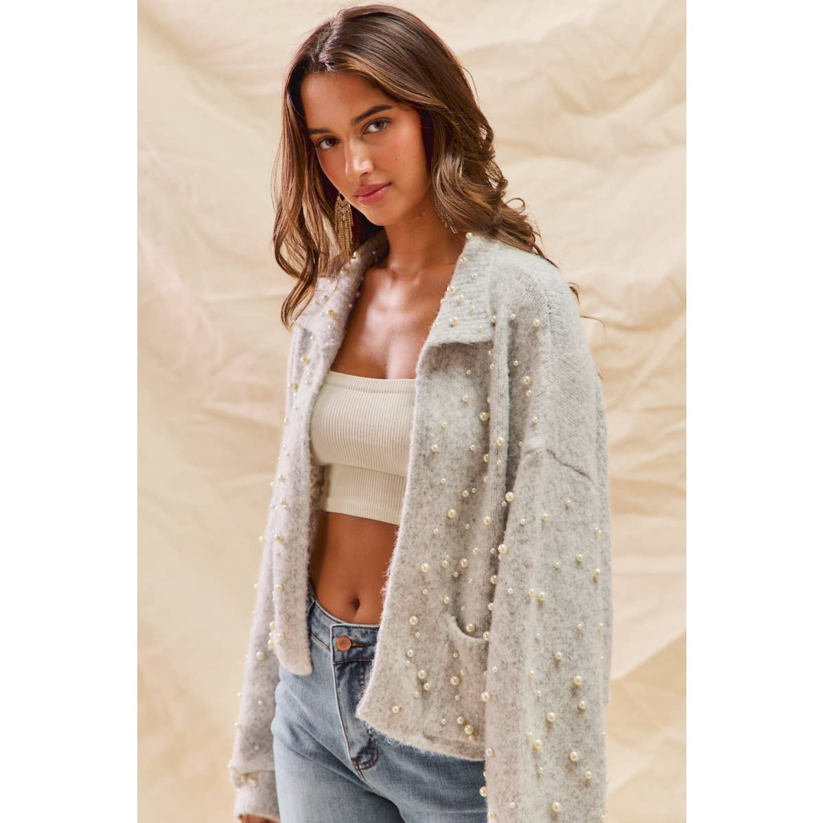 PEARL EMBELLISH SWEATER HOLIDY CHRISTMAS CARDIGAN: LT GREY / L