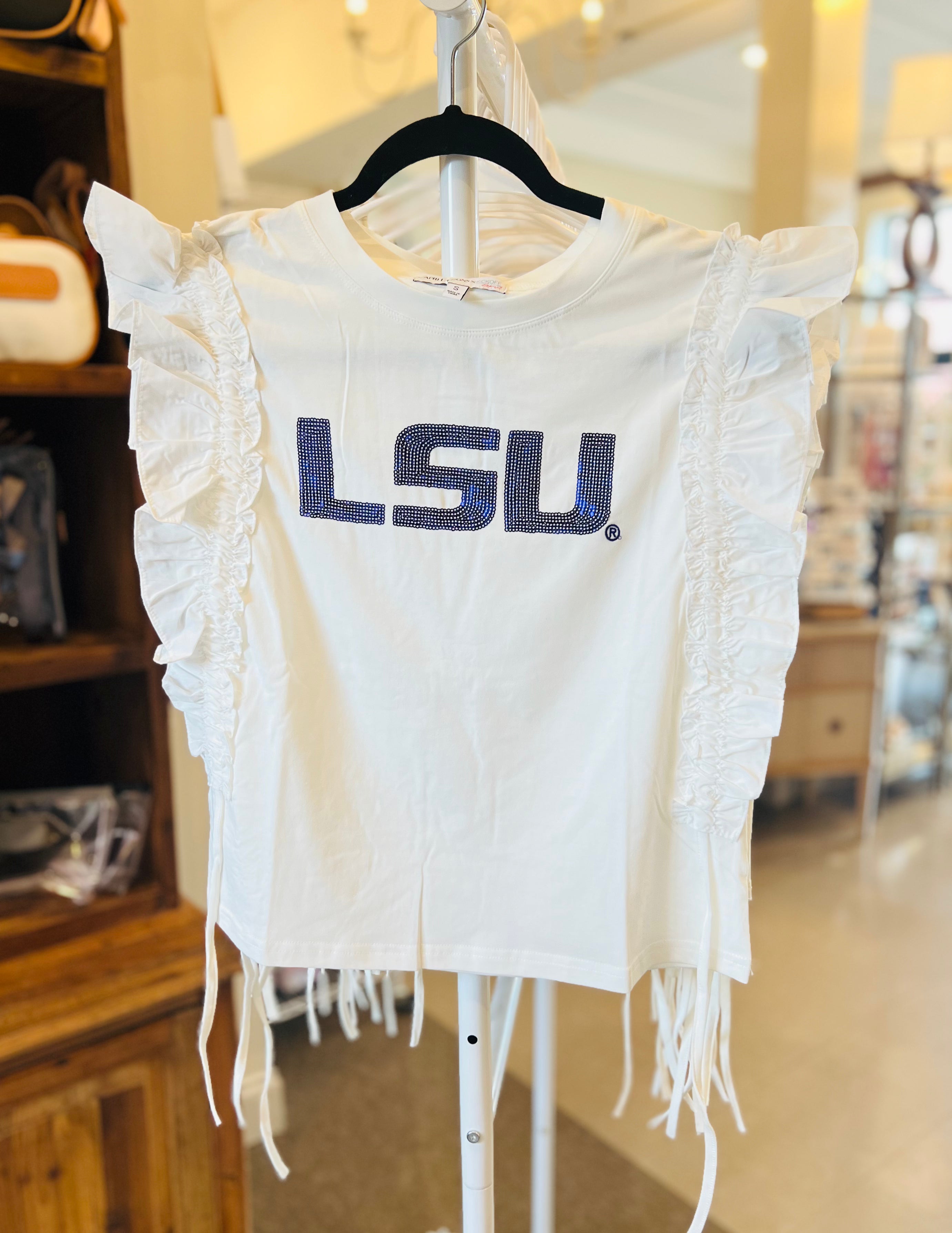 Sequin Varsity Ruffle Short Sleeve w/Side Ruching in LSU – Brick and Row