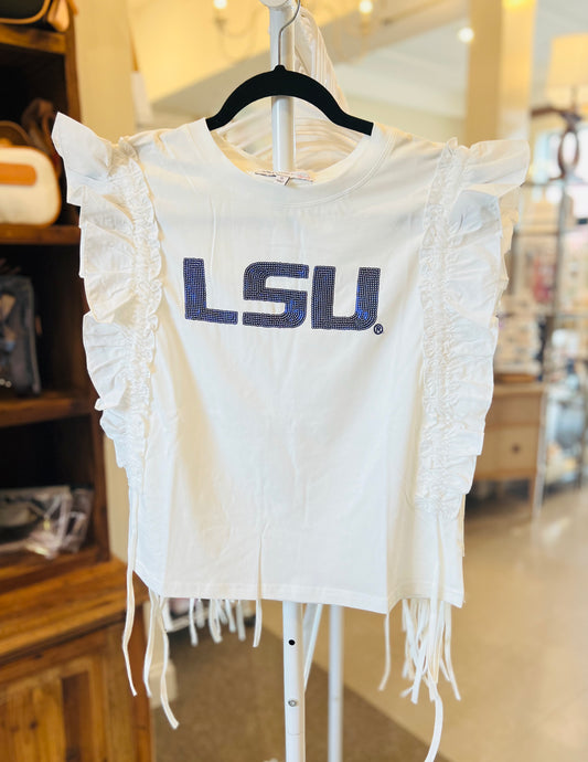 Sequin Varsity Ruffle Short Sleeve w/Side Ruching in LSU