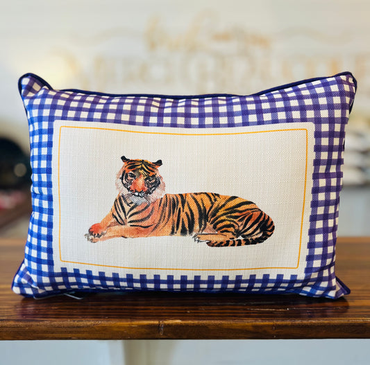 Gingham Tiger Pillow + Piping Purple