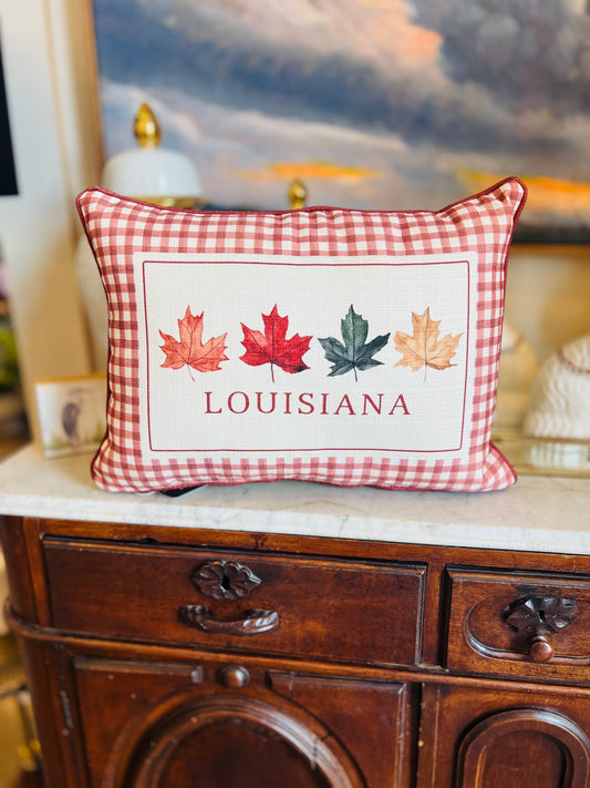 Gingham Fall Leaves Hometown Pillow - Louisiana - Paprika Piping