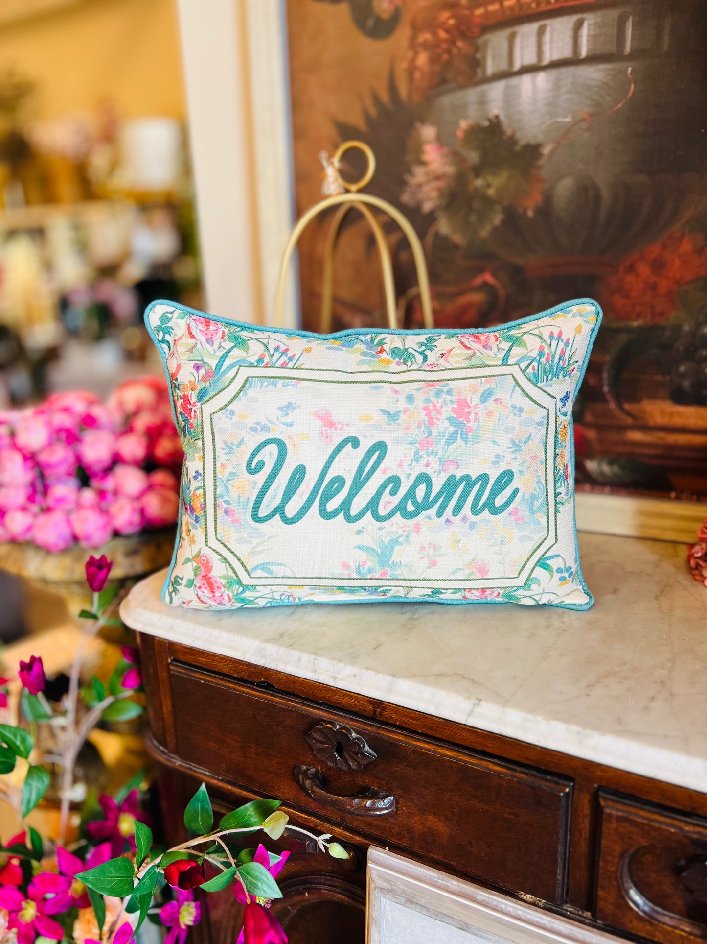 Feathergien Pattern Hometown + Accent Piping Pillow - Welcome