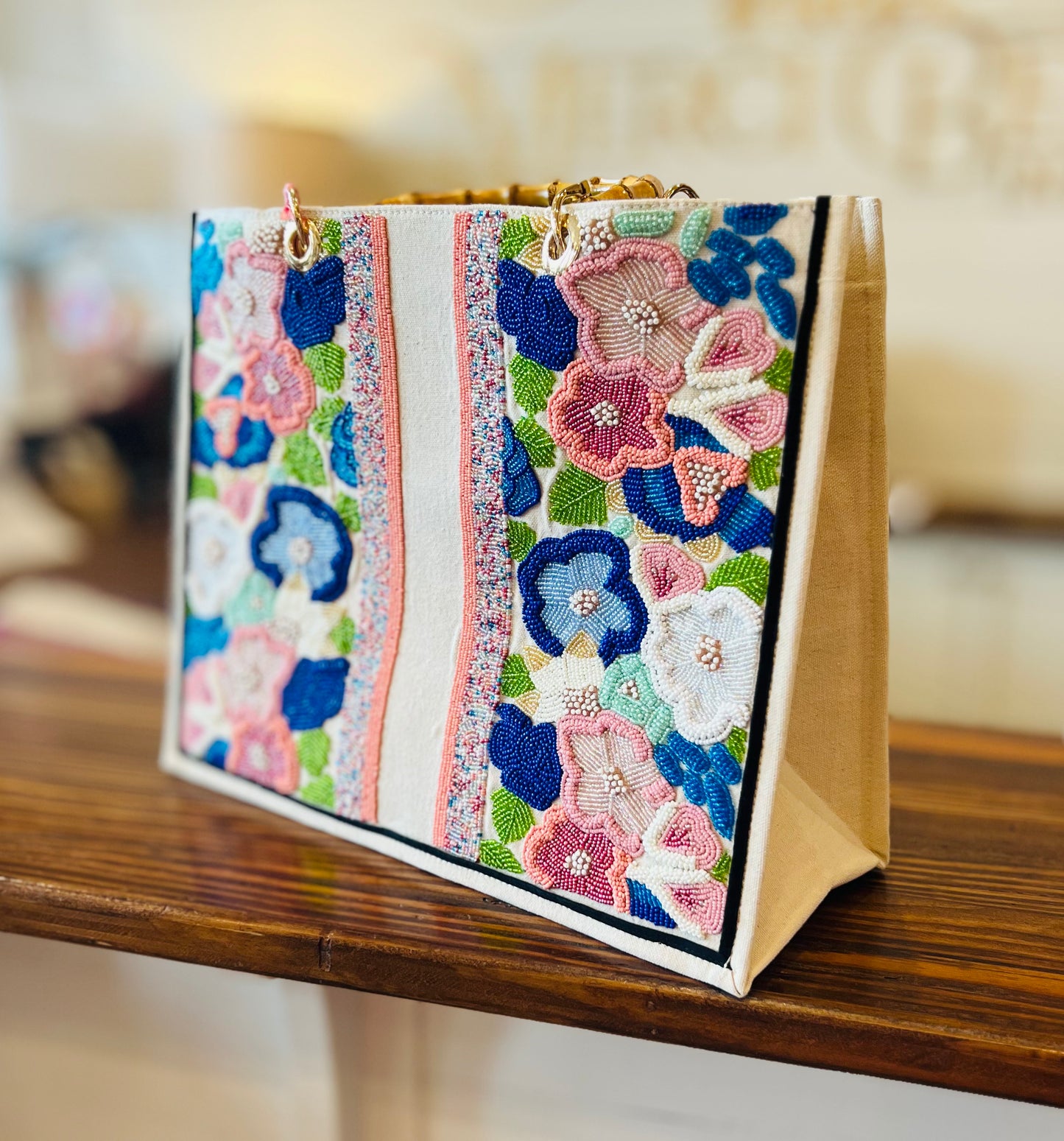 Raised Flower Tote (Ivory/Pinks/Op Royal)