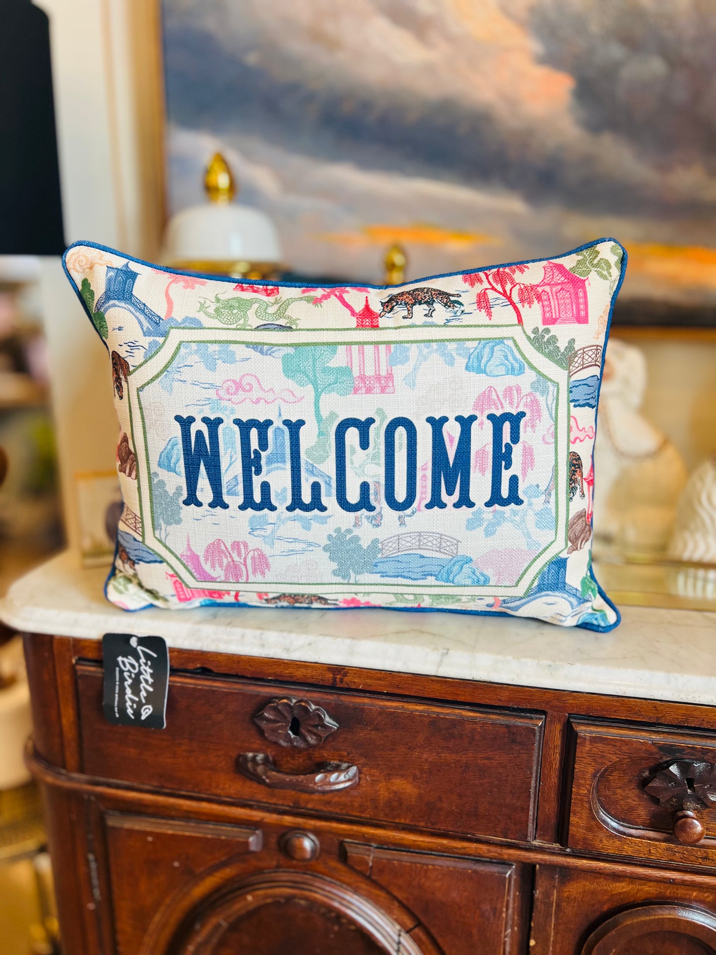 Colorful Chinoiserie Welcome Pillow - Bluejay Piping