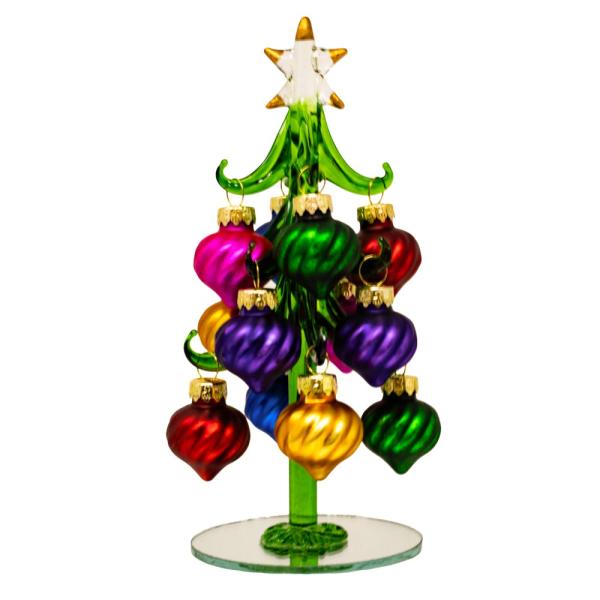 Green Glass Tree w/Swirled Ornaments