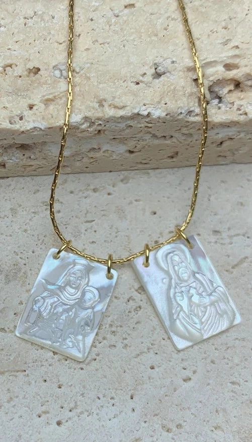 Jesus & Mary Natural Pearl Shell Scapular Pendant Necklace