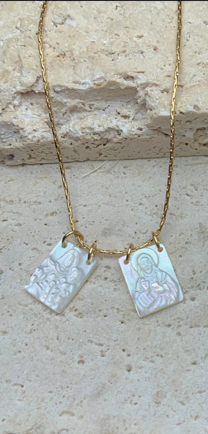 Jesus & Mary Natural Pearl Shell Scapular Pendant Necklace