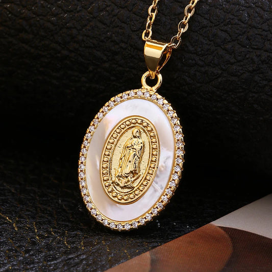 Virgin Mary Natural Shell Pendant Necklace