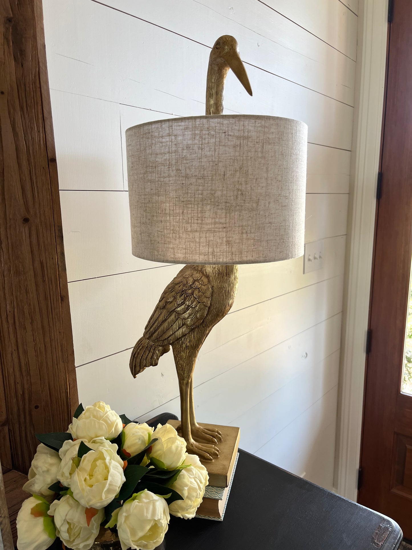 Resin Bird Table Lamp - White Linen Shade