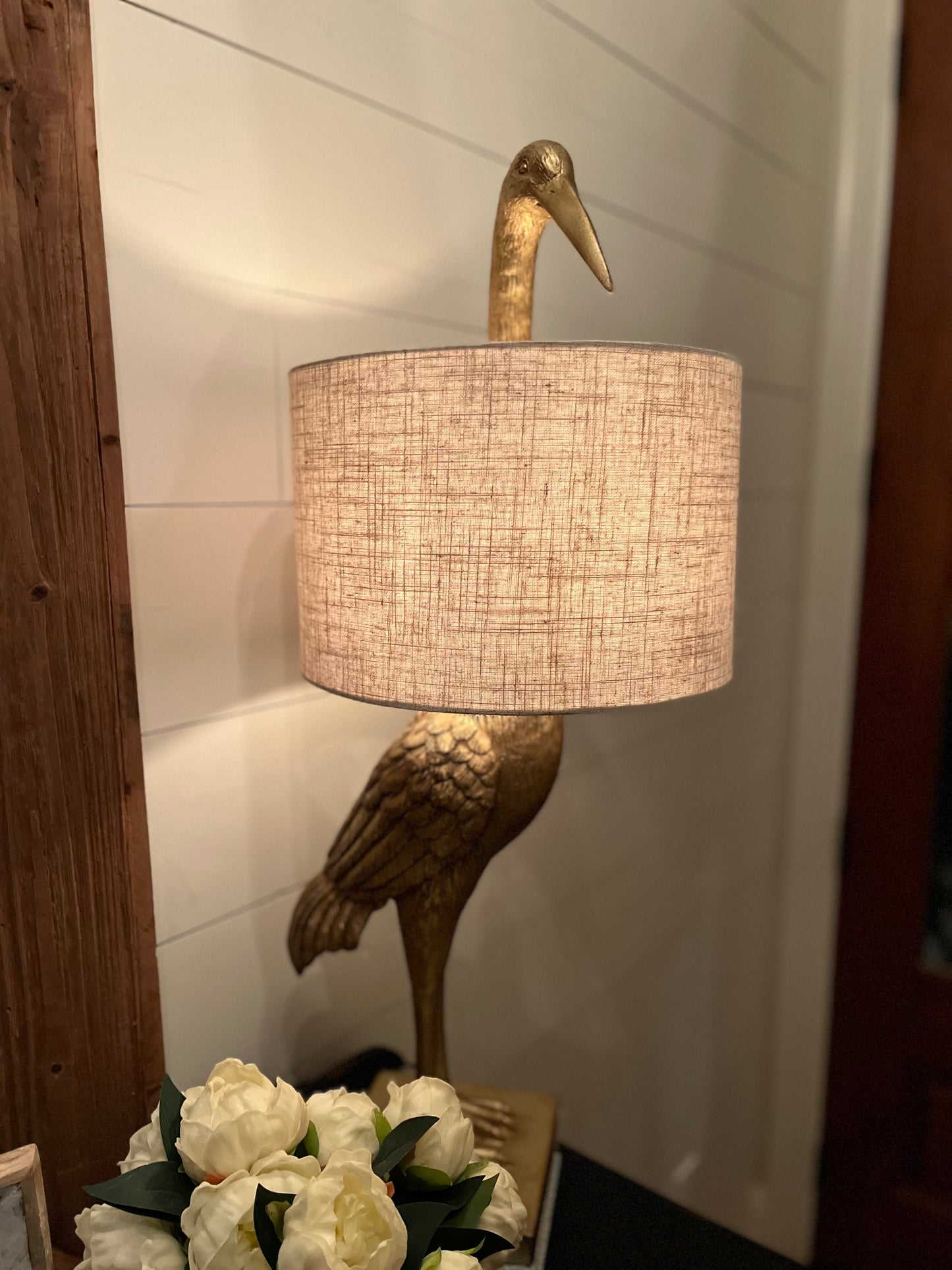 Resin Bird Table Lamp - White Linen Shade