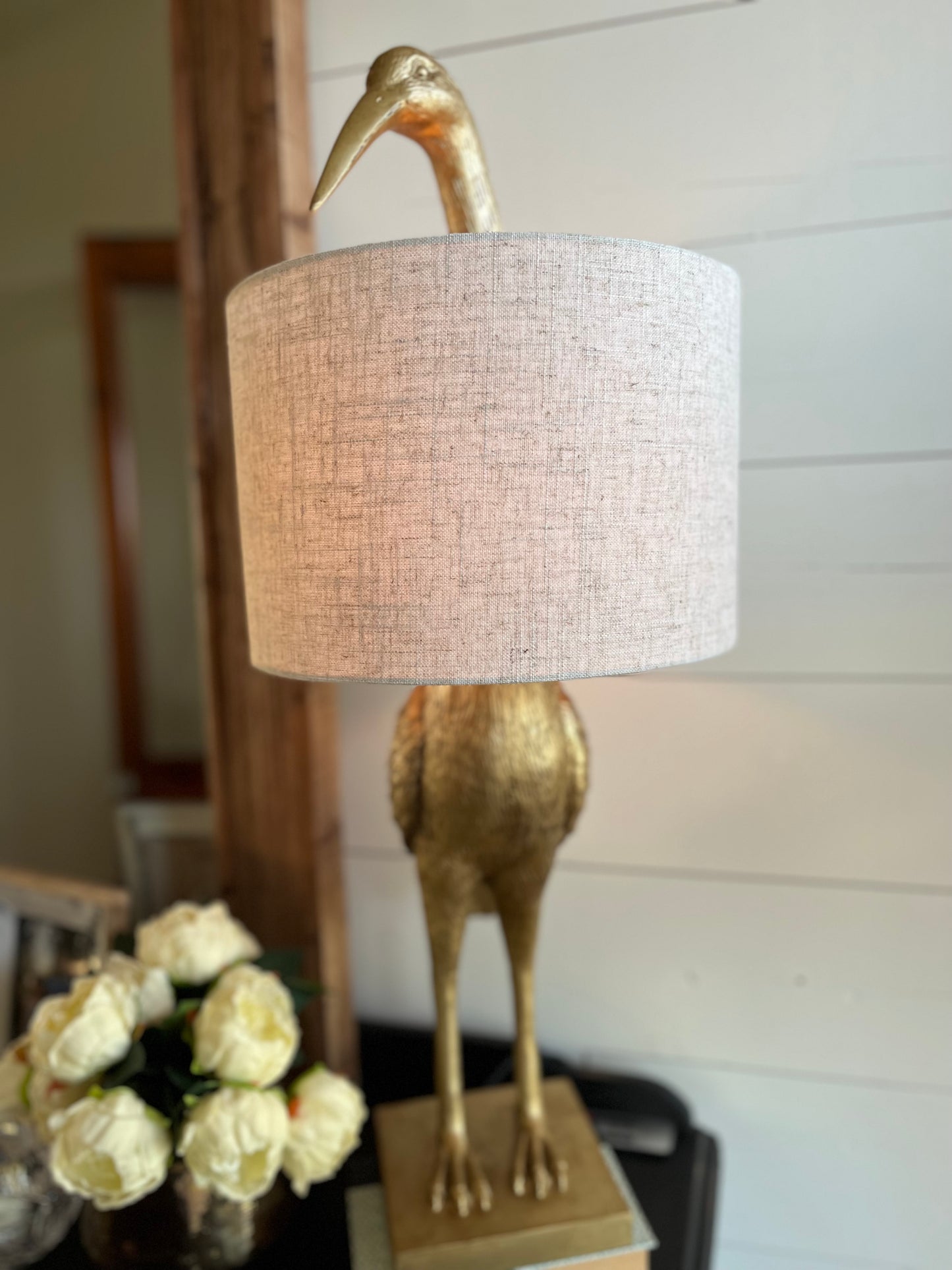 Resin Bird Table Lamp - White Linen Shade