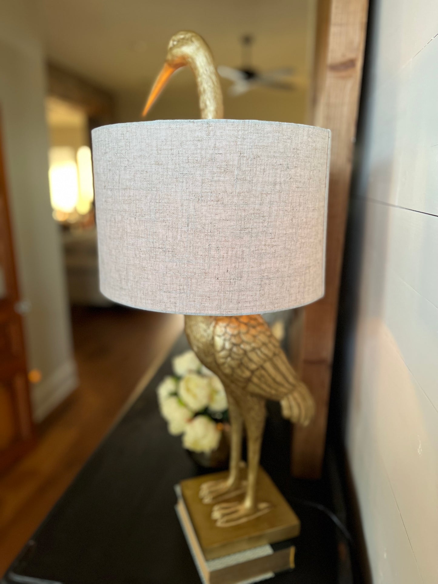 Resin Bird Table Lamp - White Linen Shade