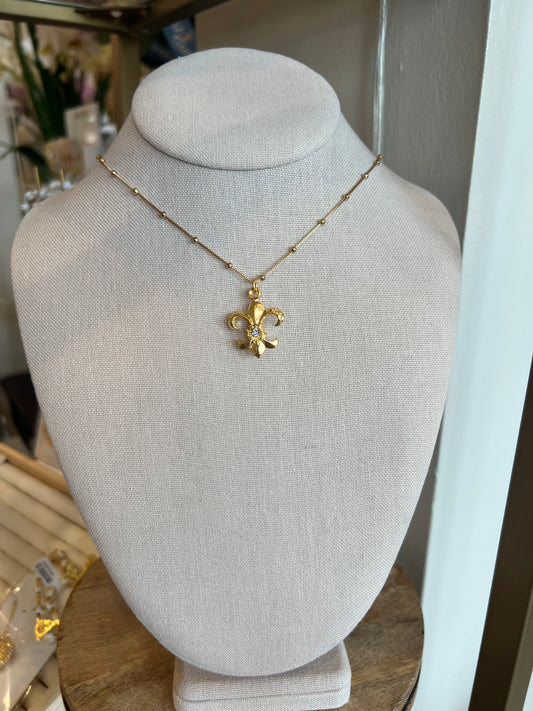 Up Side Down Fleur De Lis Pendent Necklace & CZ Accents