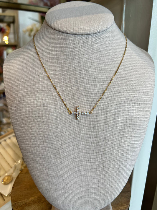 Sideways Mossanite Diamond Cross Necklace