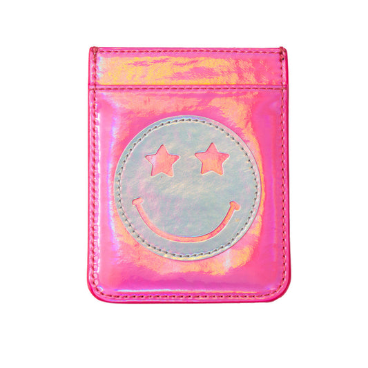 Iridescent Hot Pink w/Silver Star Eye Happy Face Phone Wallet