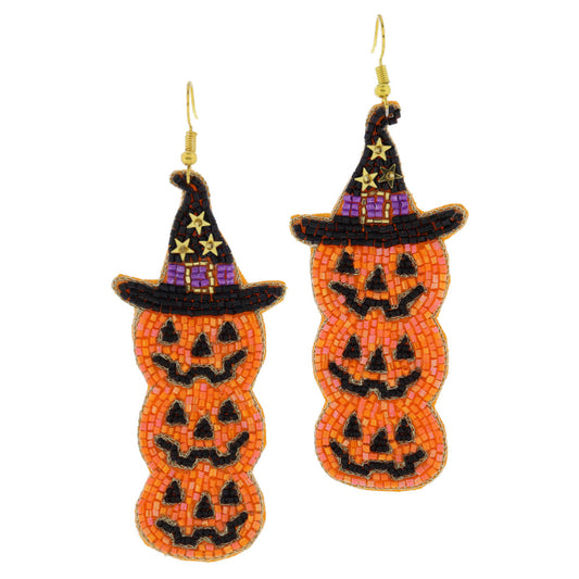 Black&Purple Witch Hat & Stars on Orange&Black Stacked Pumpkins Earrings