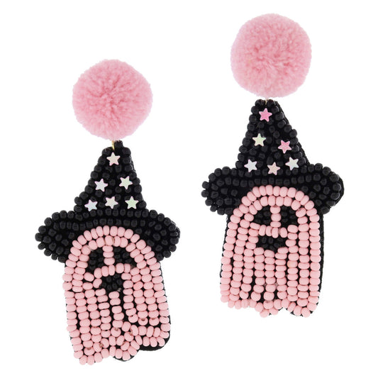 Pink Pom Post w/Pink Ghost in Black Witch Hat & Pink Star Accents Earrings