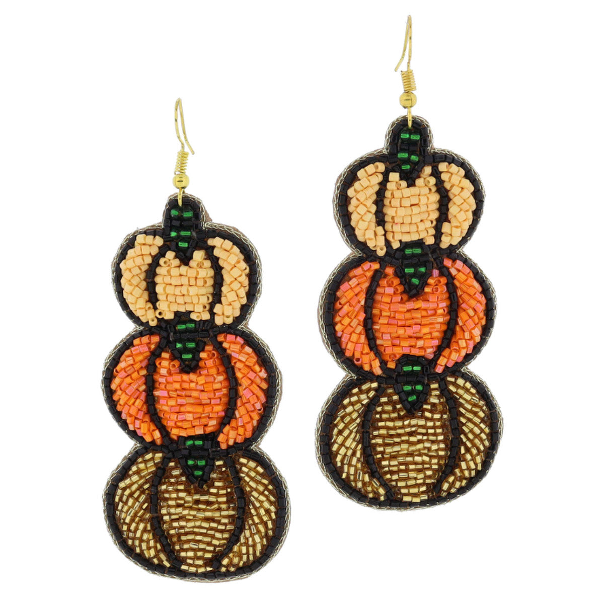 Stacked Peach, Orange, Gold Pumpkins w/Black & Green Beaded Accents Earrings