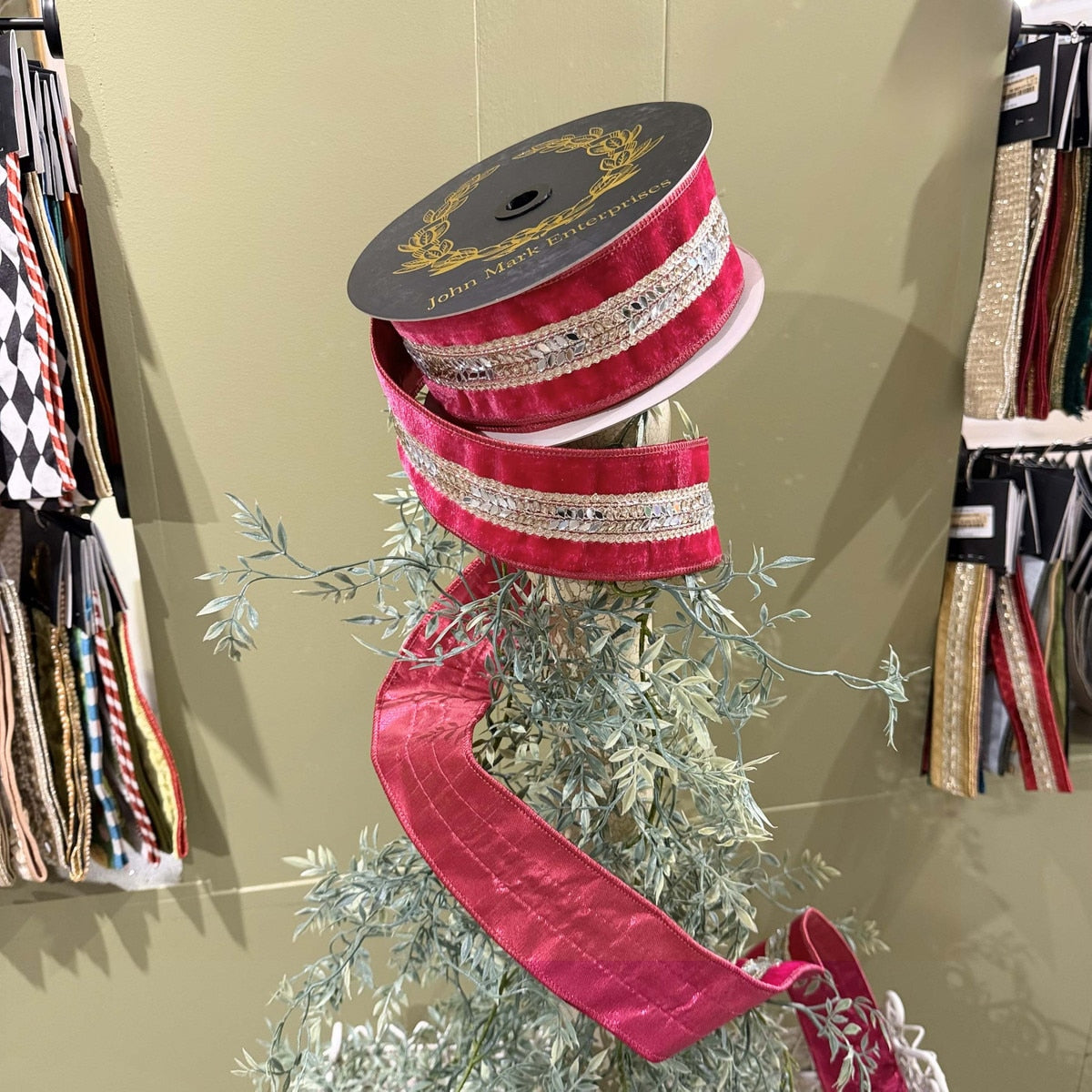 JME Fuschia Velvet Jeweled Center Trim DBL Fused Ribbon - 2.5x10yd