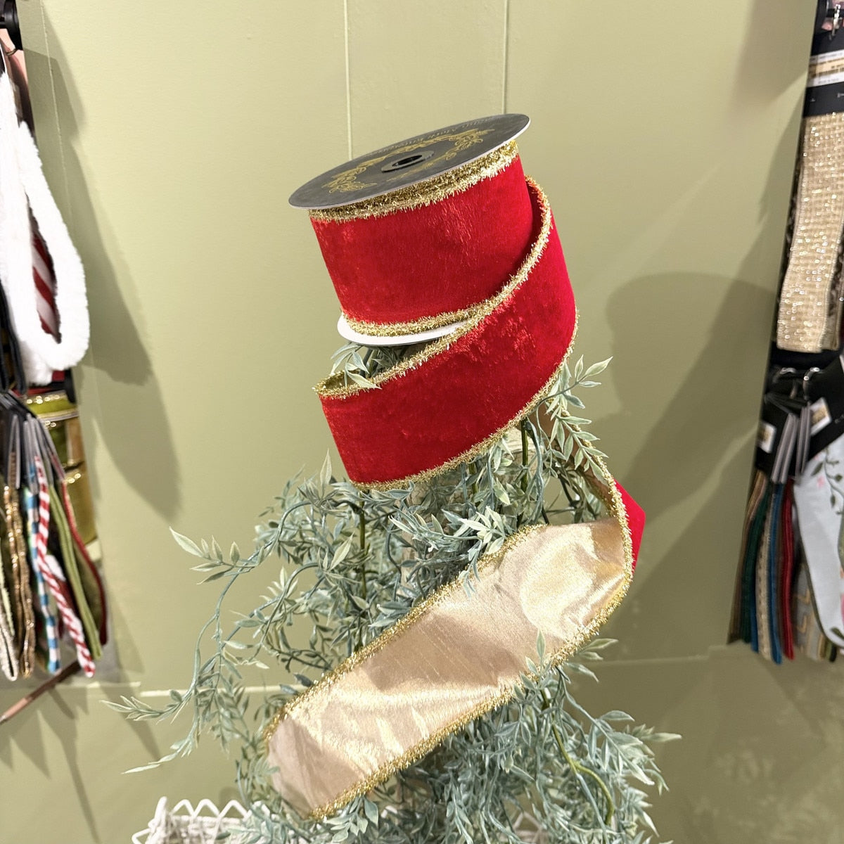JME Velvet Metallic Dupion DBL Fused Tinsel Edge Red Ribbon - 2.5x10yd