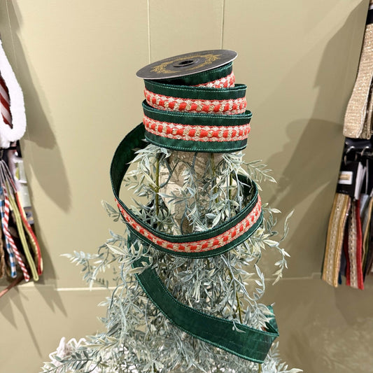 JME Red Trim Metallic Dupion Green Ribbon - 1.5x5yd