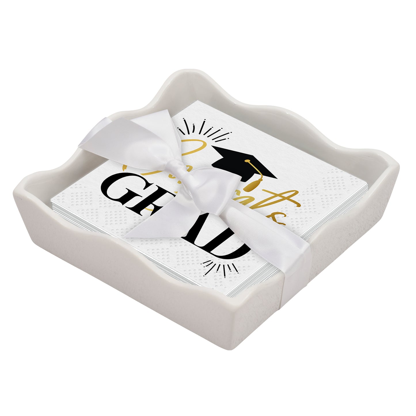 Ceramic Wave Napkin Tray w/Cocktail Napkin - Congrats Grad
