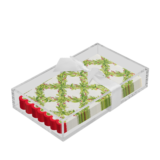 Acrylic Napkin Tray, Clear w/Guest Towel - Holly Berry