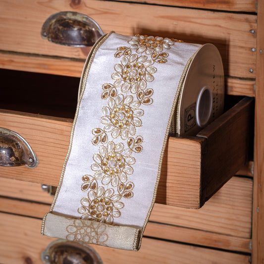 Floral and Pear Ivory Dupioni Ribbon