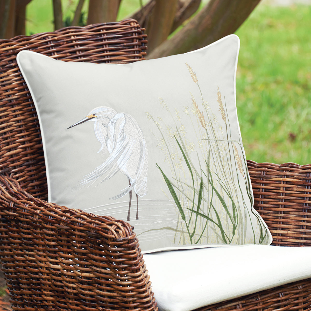 White Egret Grey Left Indoor/Outdoor Pillow