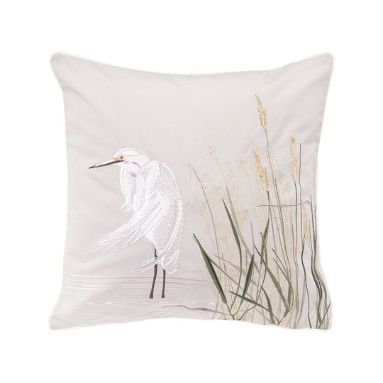 White Egret Grey Left Indoor/Outdoor Pillow