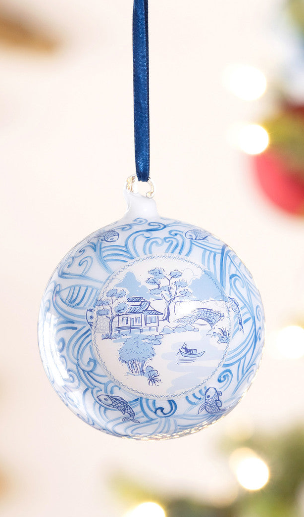 Chinoiserie Pagoda/Fishing Village Glass Ball Ornament (2 Styles)