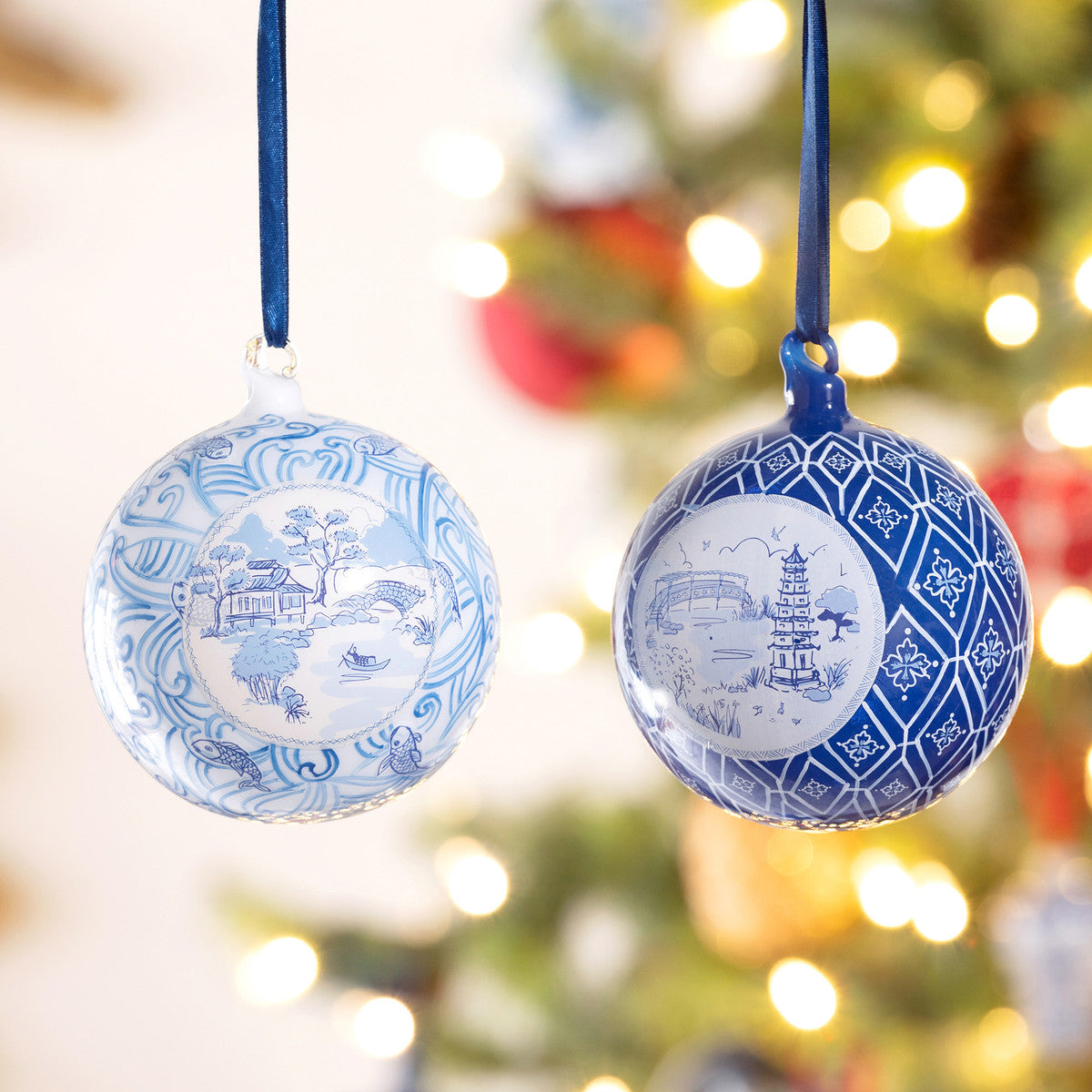 Chinoiserie Pagoda/Fishing Village Glass Ball Ornament (2 Styles)