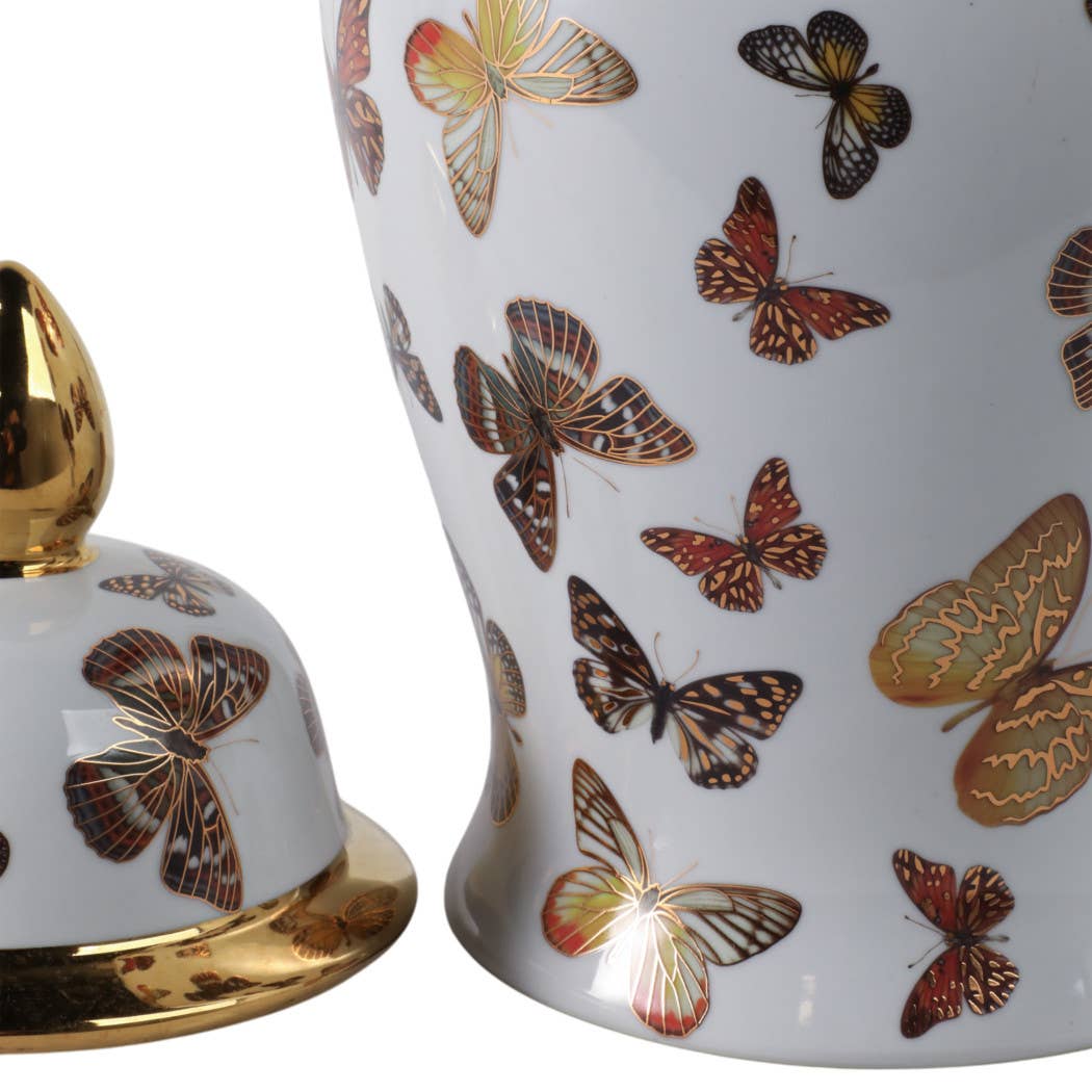 Decorative Temple Jar - White Ceramic Butterflies, 18 in.