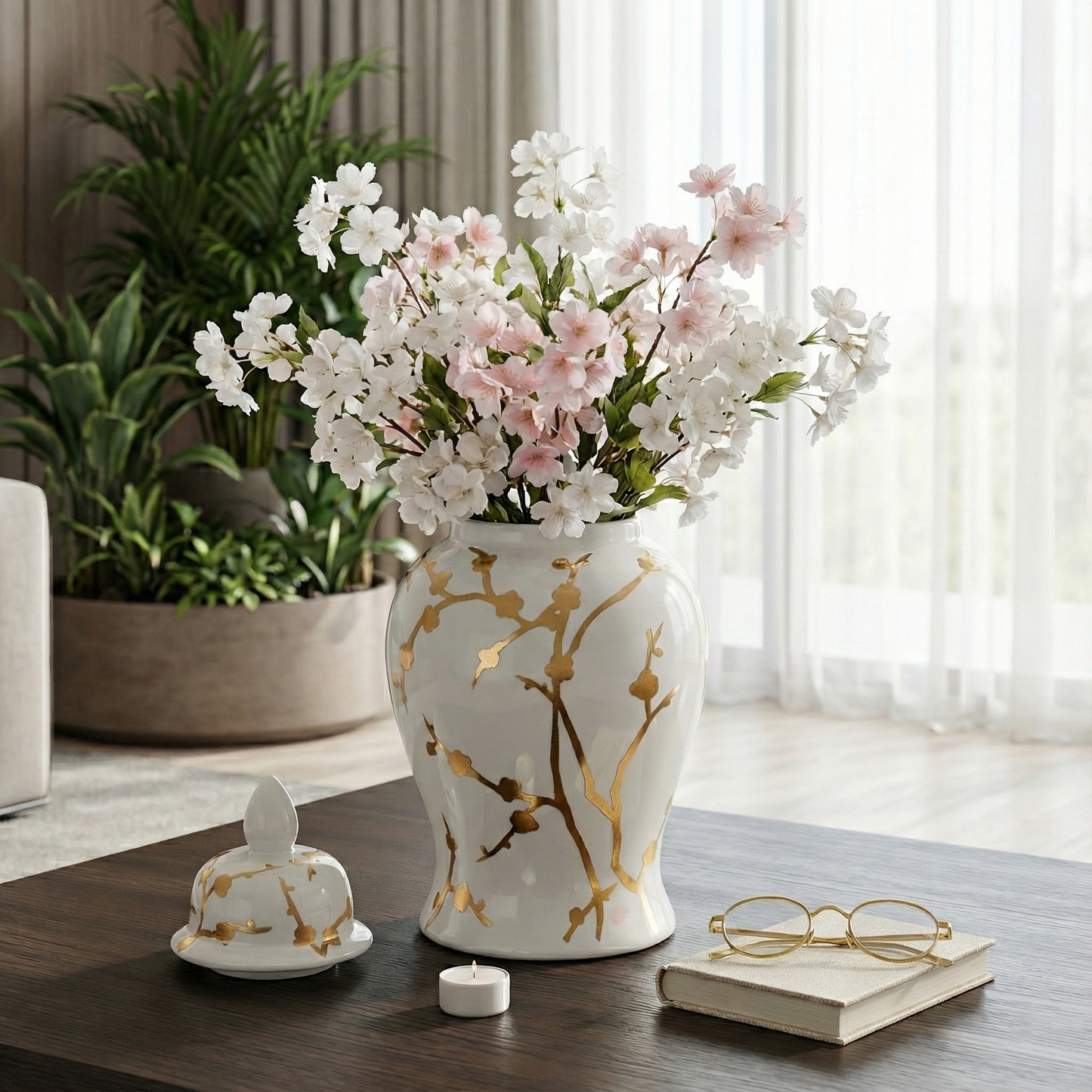 Decorative Temple Jar - White Ceramic Gold Cherry, 14 in.