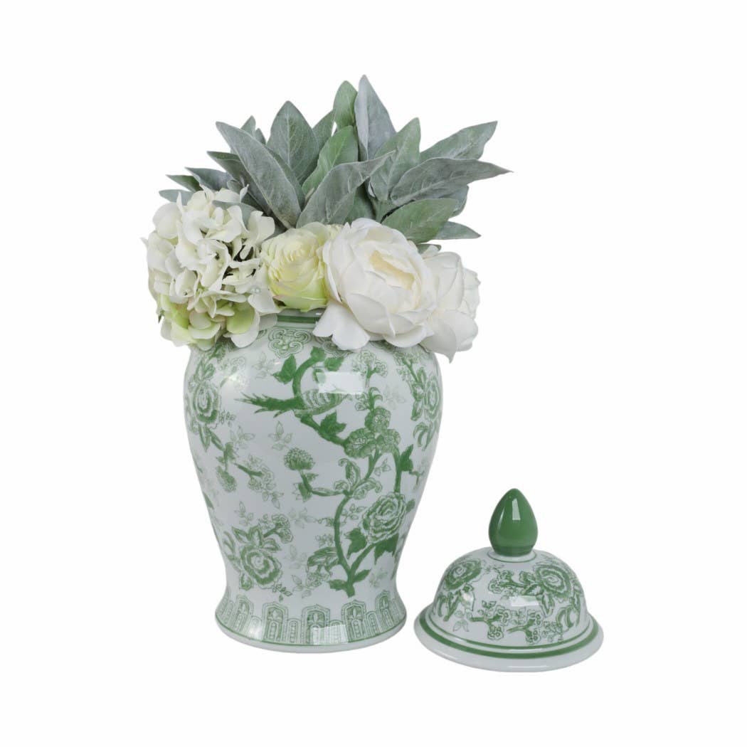 Ceramic Bird Flower Decorative Temple Jar - Green, 18 in.