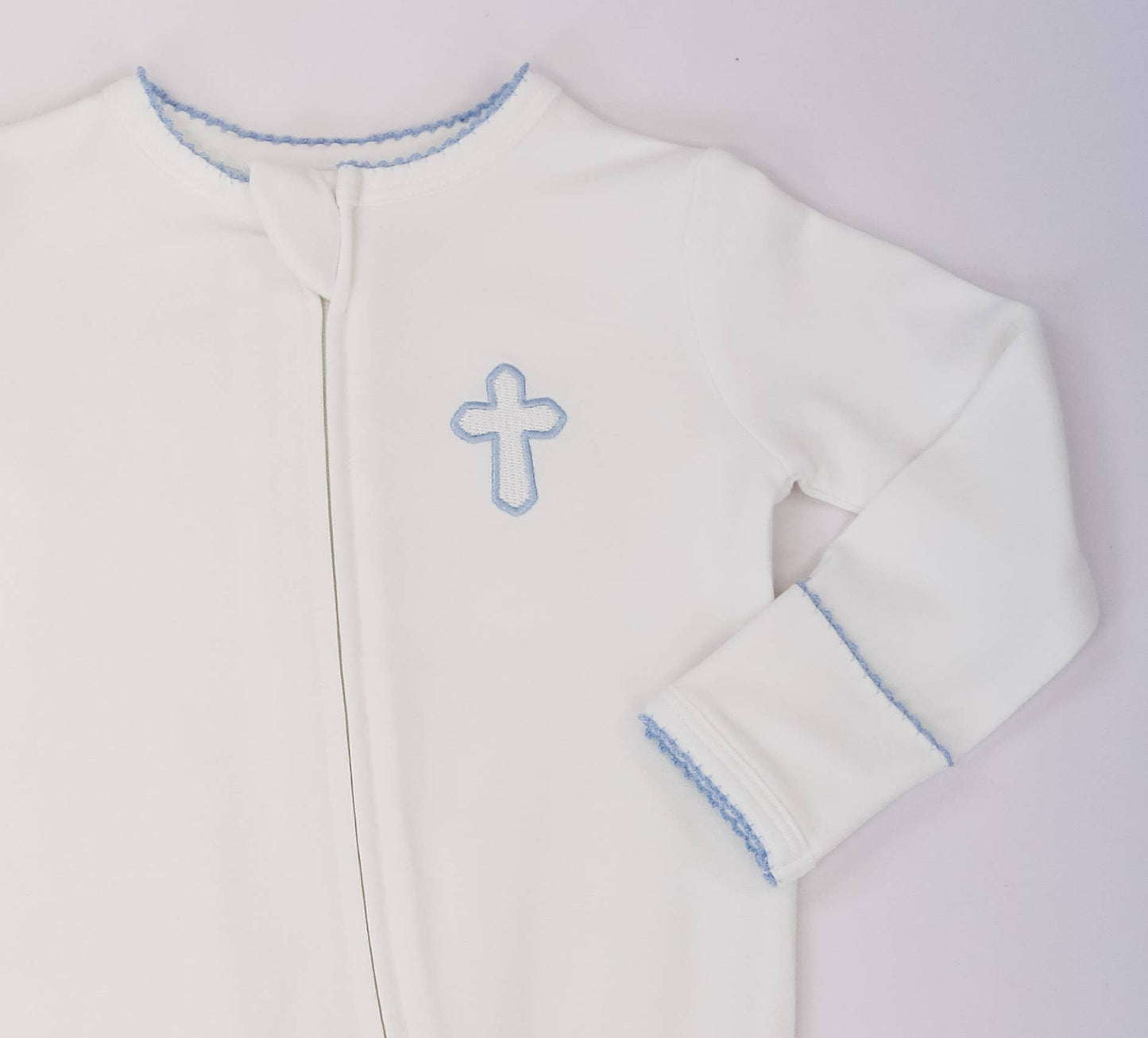 Pip Embroidered Zip Romper -Blue Cross: 0-3 mo
