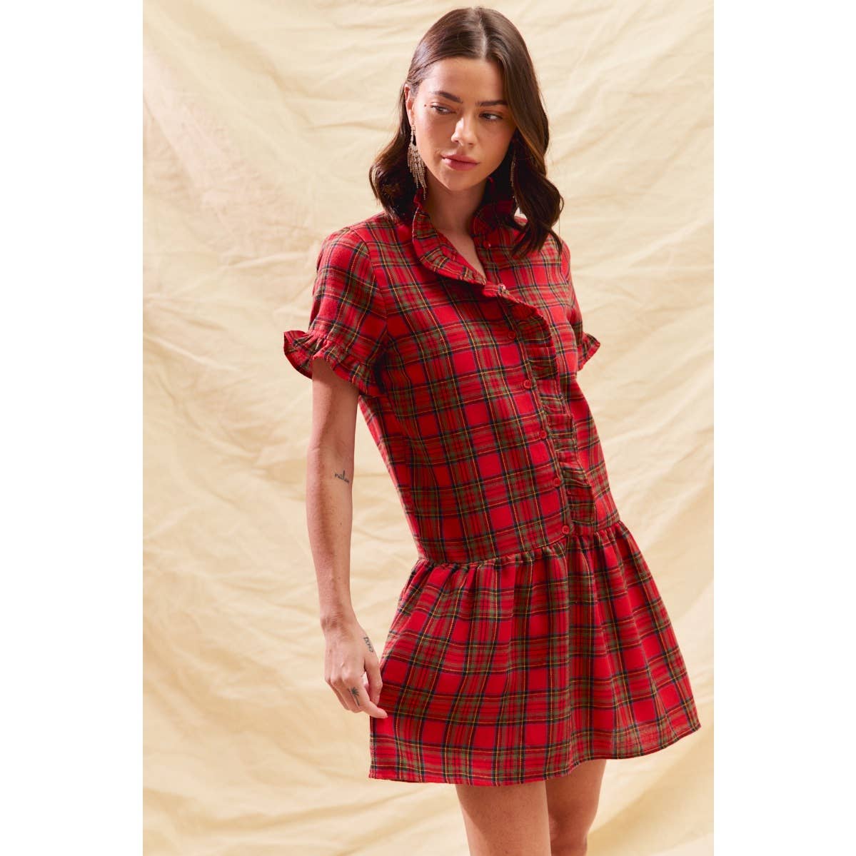 RED CHECKERED PLAID CHRISTMAS HOLIDAY MINI DRESS: RED CHECK / XL