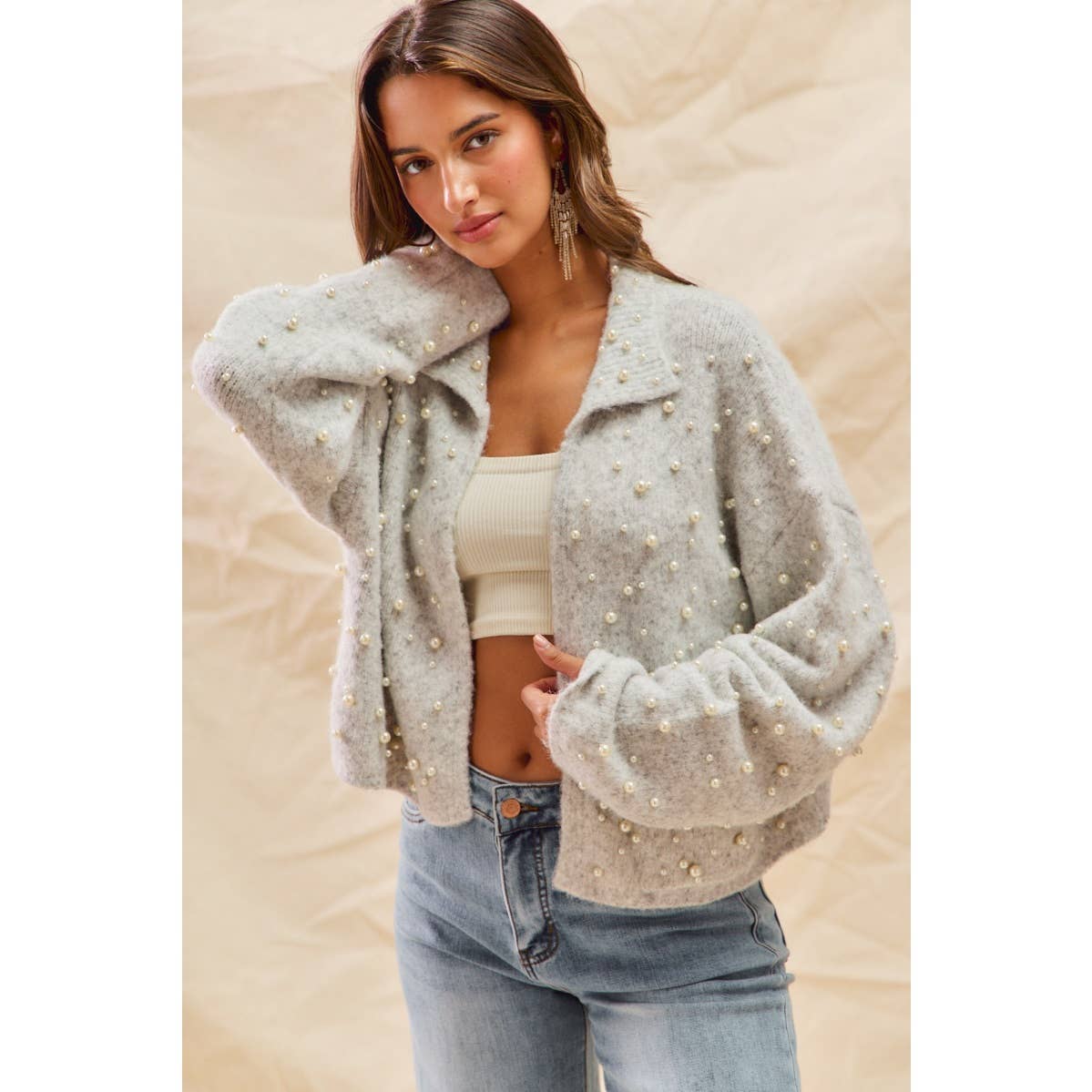 PEARL EMBELLISH SWEATER HOLIDY CHRISTMAS CARDIGAN: LT GREY / S