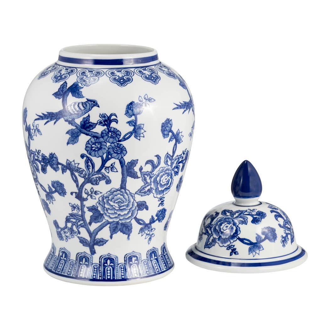 Blue 18 in. Ceramic Chinoiserie Temple Jar with Bird/Flower