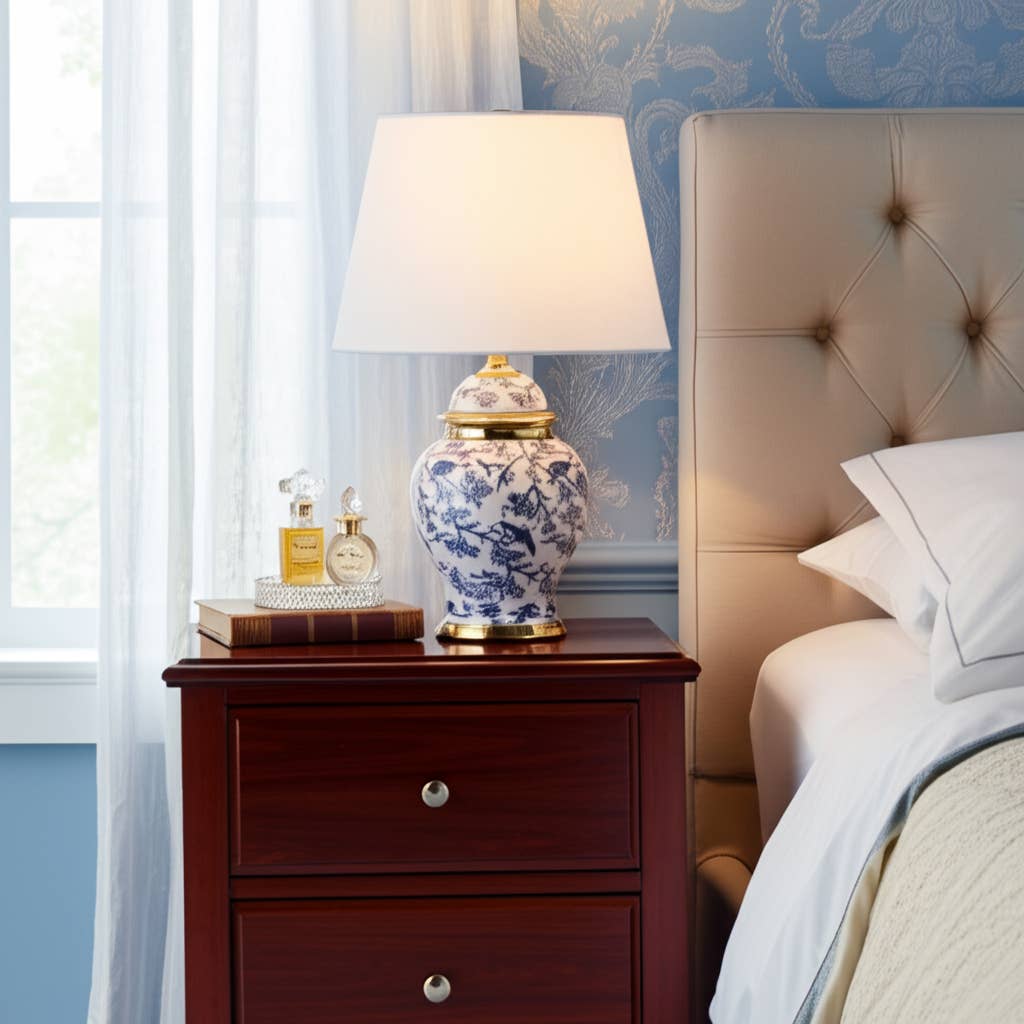 Table Lamp - Blue Ceramic Chinoiserie Floral Birds, 19 in.