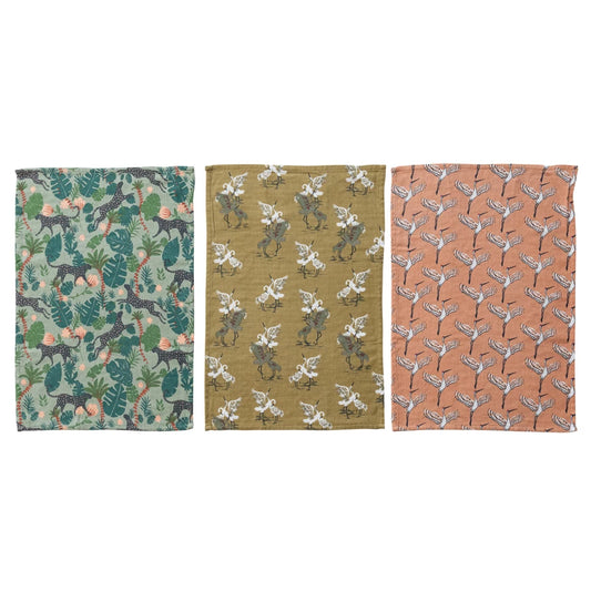 Cotton Double Cloth Kitchen Towel w/ Bird Pattern (3 Styles)