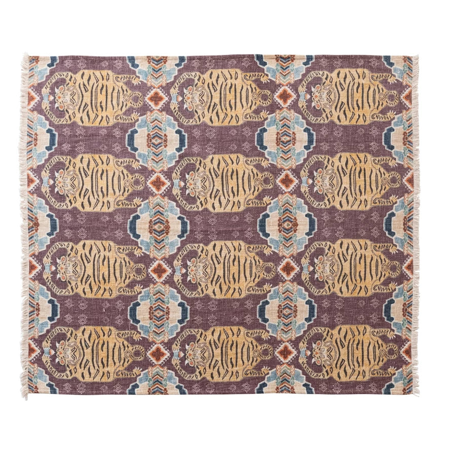 Cotton Slub Printed Throw w/Tibetan Tigers Pattern & Fringe