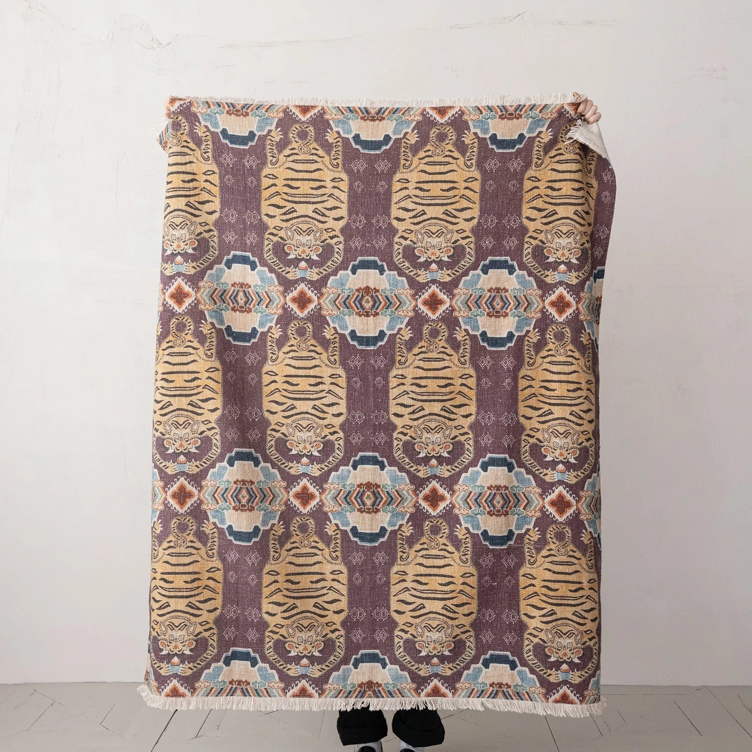 Cotton Slub Printed Throw w/Tibetan Tigers Pattern & Fringe - Thumbnail 2