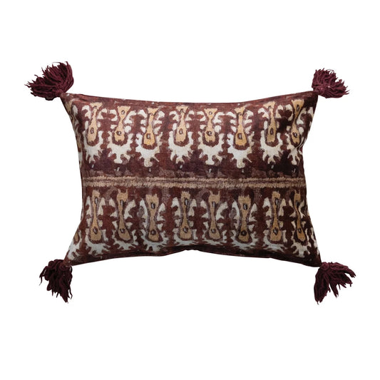 Cotton Velvet Ikat Printed Lumbar Pillow w/Tassels