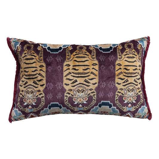Cotton Velvet Printed Lumbar Pillow w/Tibetan Tigers Pattern, Beads & Eyelash Fringe
