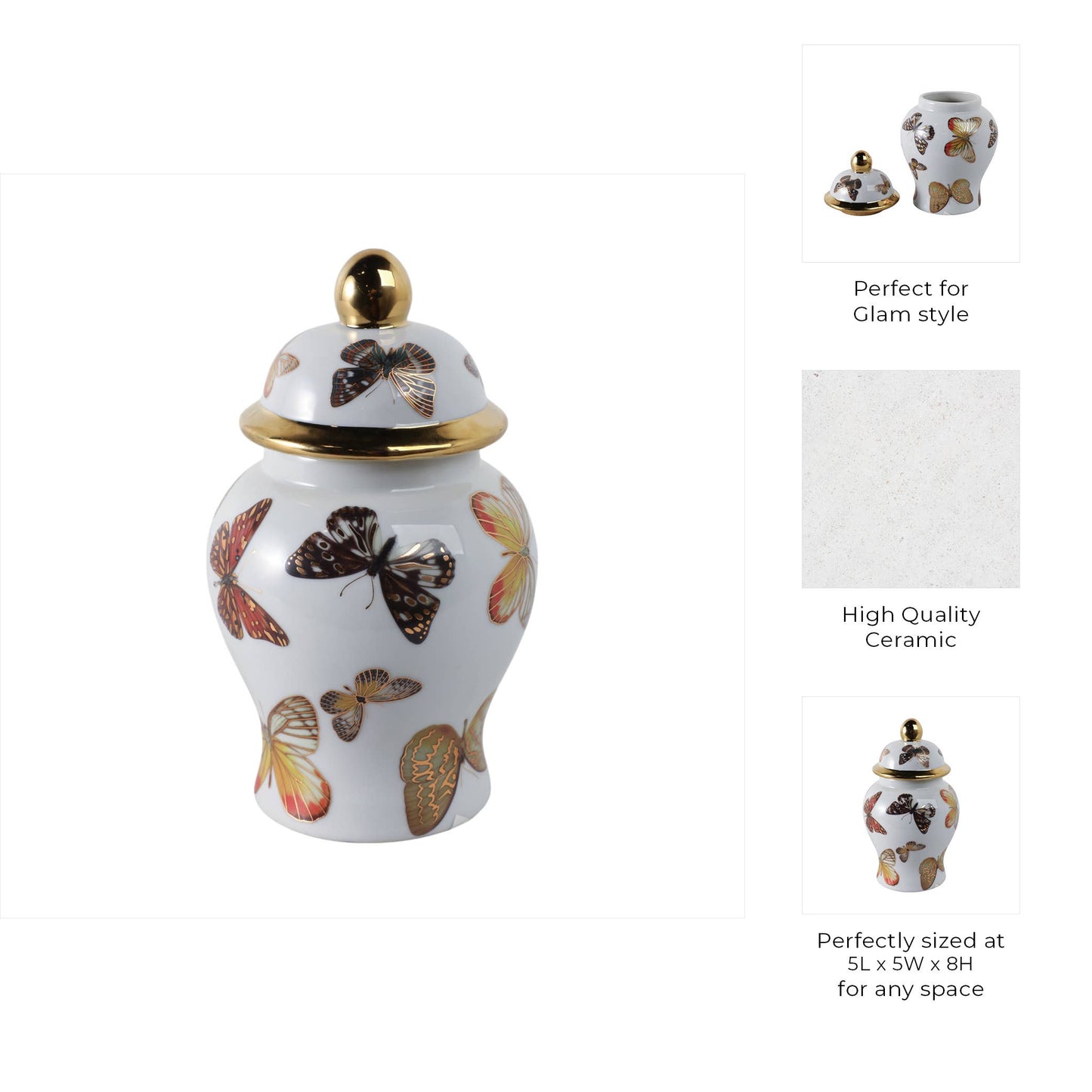 Multicolor 8x5 in. Ceramic Glam Temple Jar with Butterflies