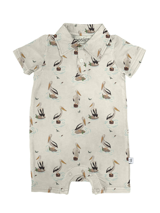Coastal Pelicans - SS Polo Romper: 3-6M