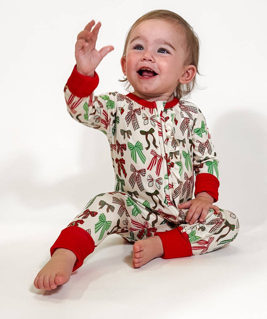 Holiday Bows  - LS Convertible Zip PJs: 0-3 mo