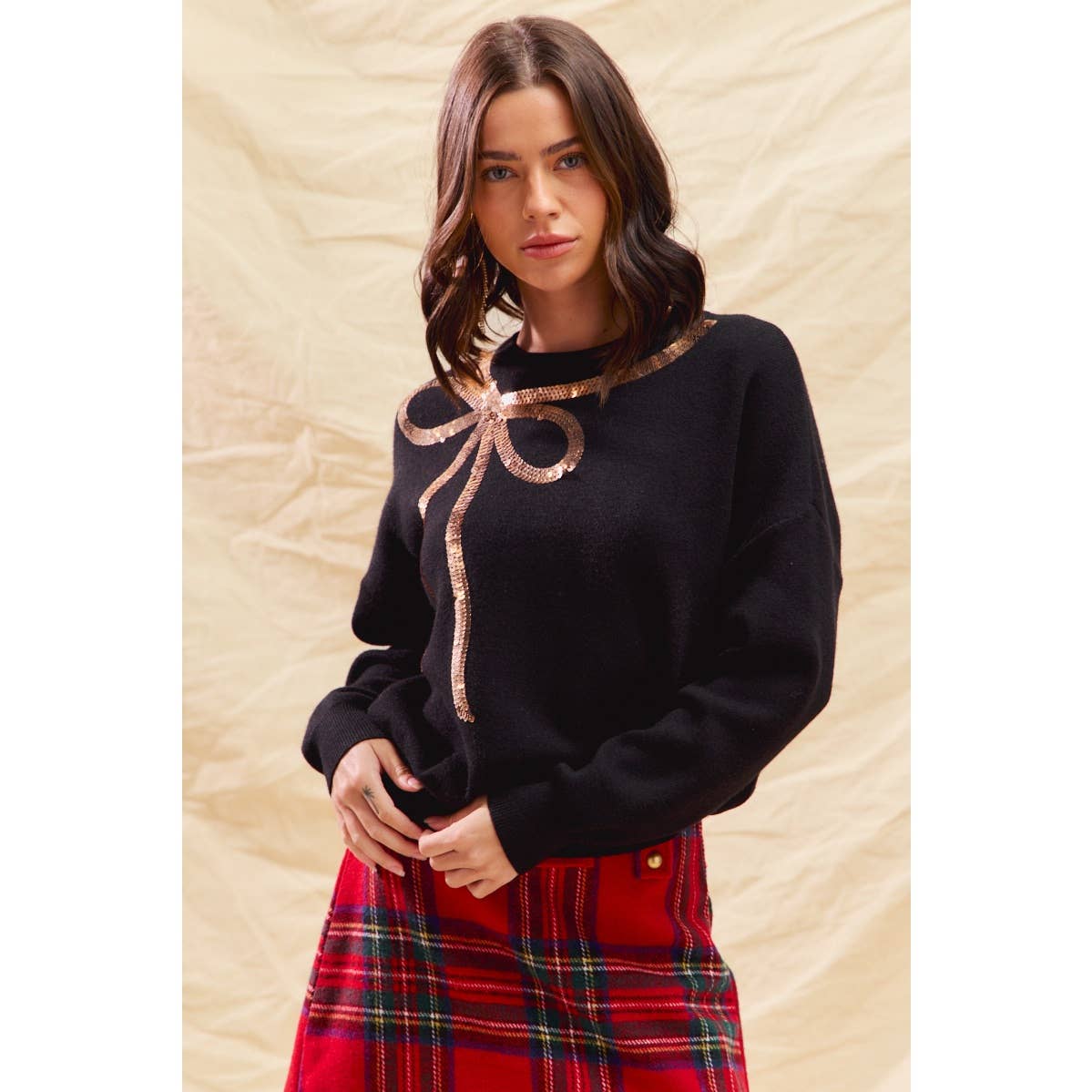 SEQUINS RIBBON CHRISTMAS HOLIDAY SWEATER TOP: BLACK/GOLD / XL